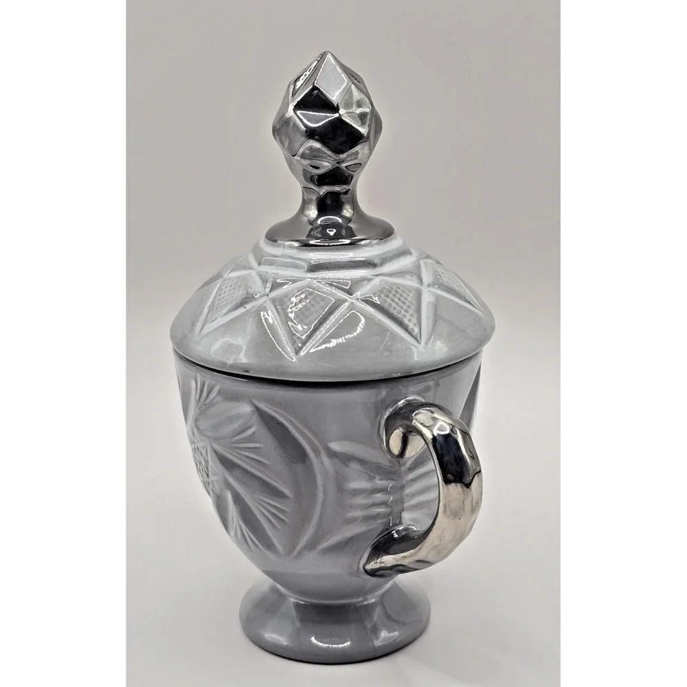 anthropologie sugar bowl gray ceramic urn‎ art deco style silver handles
